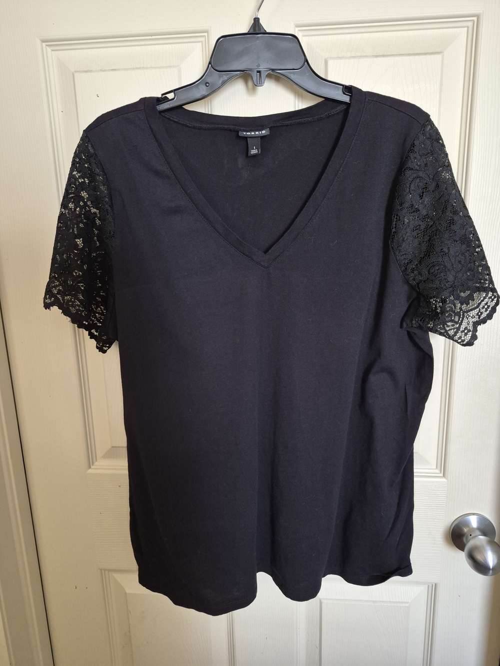 torrid Black V-Neck Tee with Lace Short Sleeves